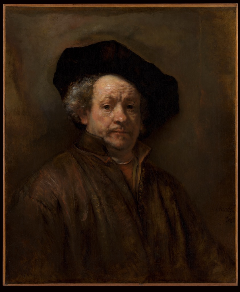Rembrandt's Self-Portrait shows the artist in a dark cap and brown clothing with softly modelled skin and visible lighter paint on his face.