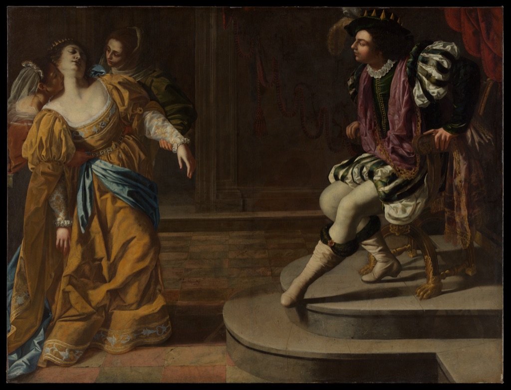Artemisia Gentileschi's wide painting places the fainting Esther and attendants at left opposite Ahasuerus seated at right in a dim interior.
