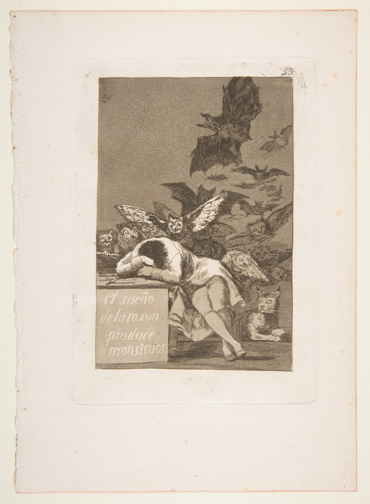 Goya's full print sheet shows a sleeping figure at a desk surrounded by owls, bats and other creatures emerging from a grey ground.