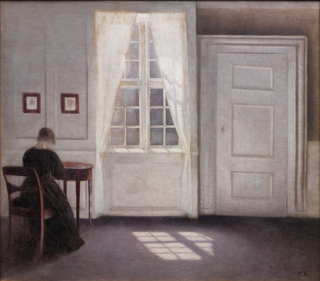 Hammershøi's muted interior shows a woman from behind near a window, with sunlight falling across the floor.