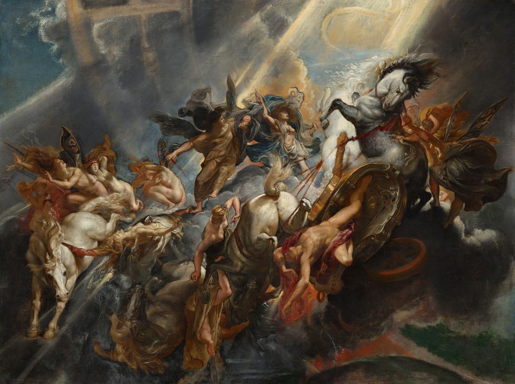 Rubens's Fall of Phaeton shows horses a chariot and figures tumbling through a stormy sky.