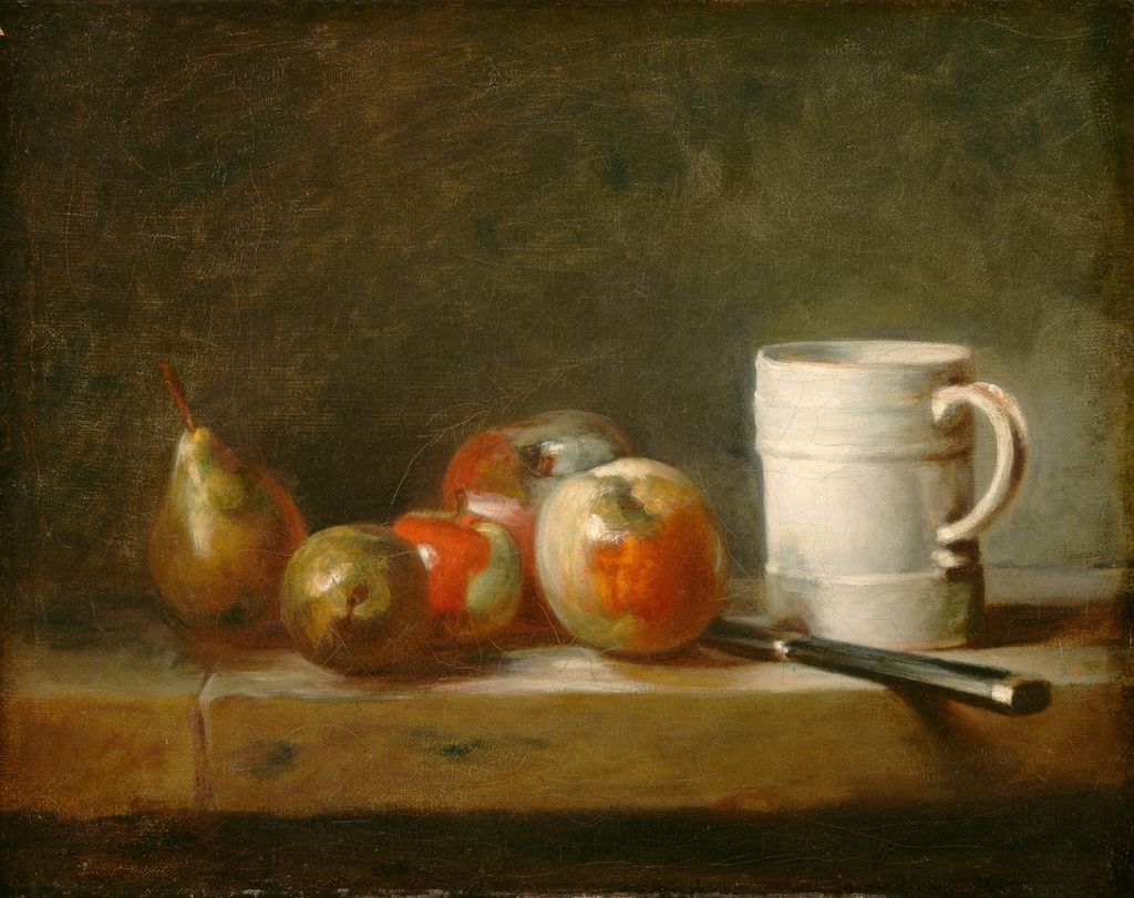 Chardin's still life sets apples pears a white mug and a knife on a stone surface before a muted background.
