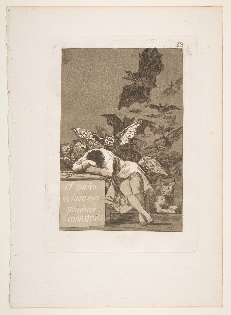 Goya's Sleep of Reason Produces Monsters surrounds a sleeping figure with owls, bats and a watchful lynx