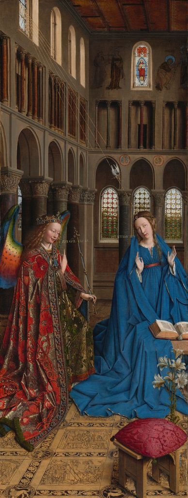 Jan van Eyck's Annunciation places Gabriel and Mary among inscriptions, lilies, a dove and Old Testament imagery