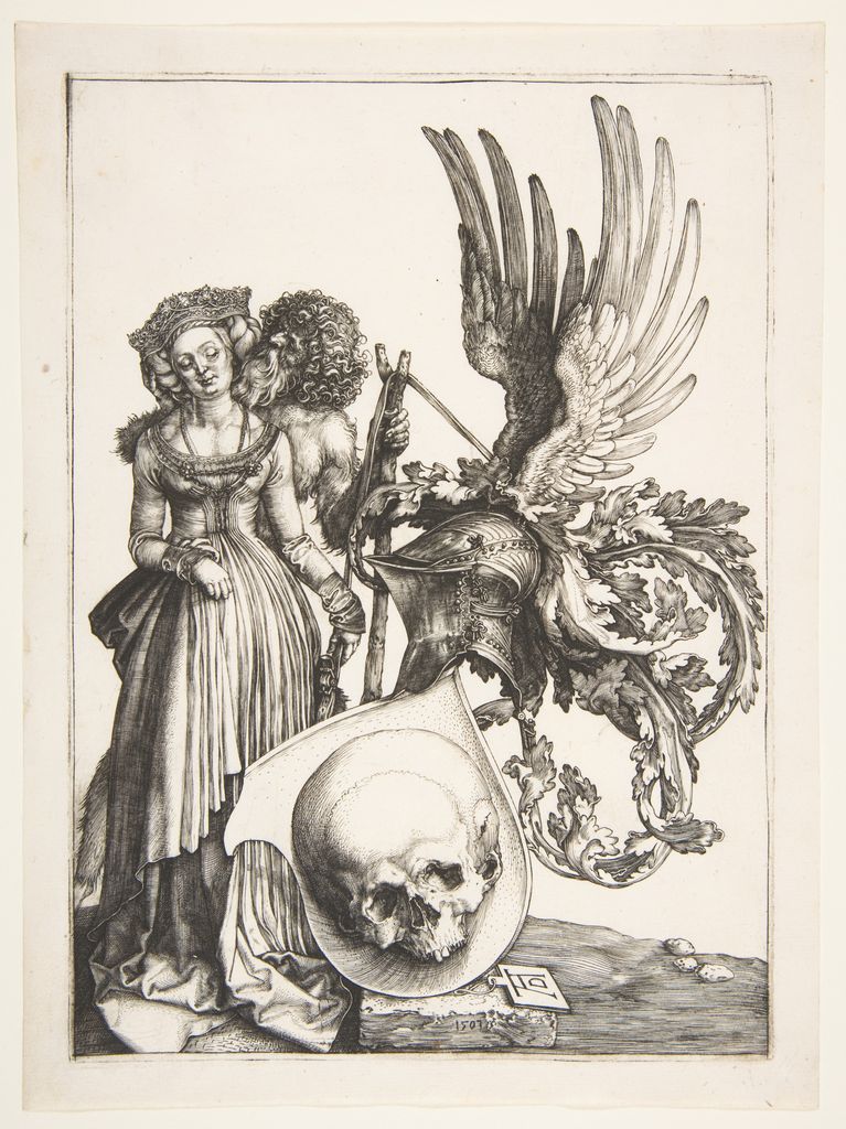 Durer's Coat of Arms with a Skull places a skull beside a richly dressed woman and heraldic shield