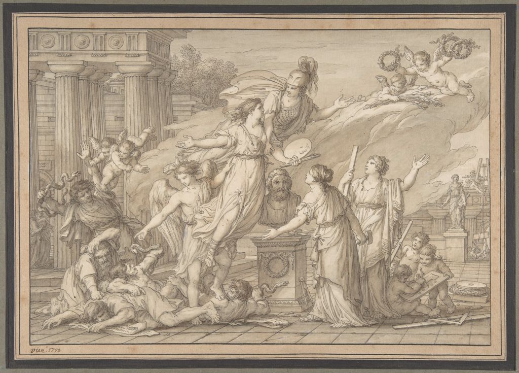 Joseph Marie Vien's Allegory of the Arts gathers personified arts around a bust of Homer