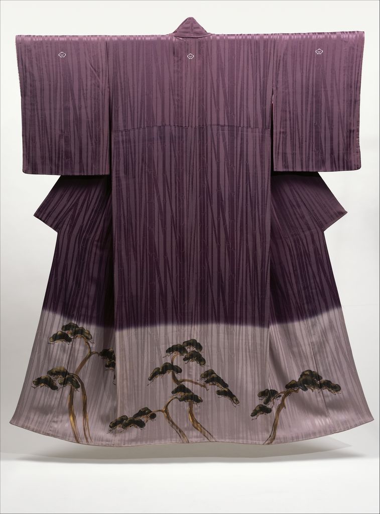 A purple kimono distributes motifs of pine, bamboo and embroidered plum across its surface.