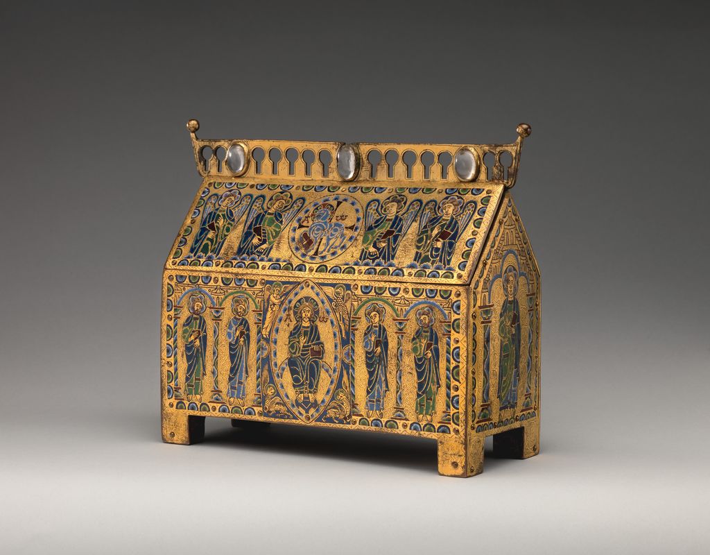 A gilded and enamelled reliquary chest displays Christ in Majesty and the Lamb of God.