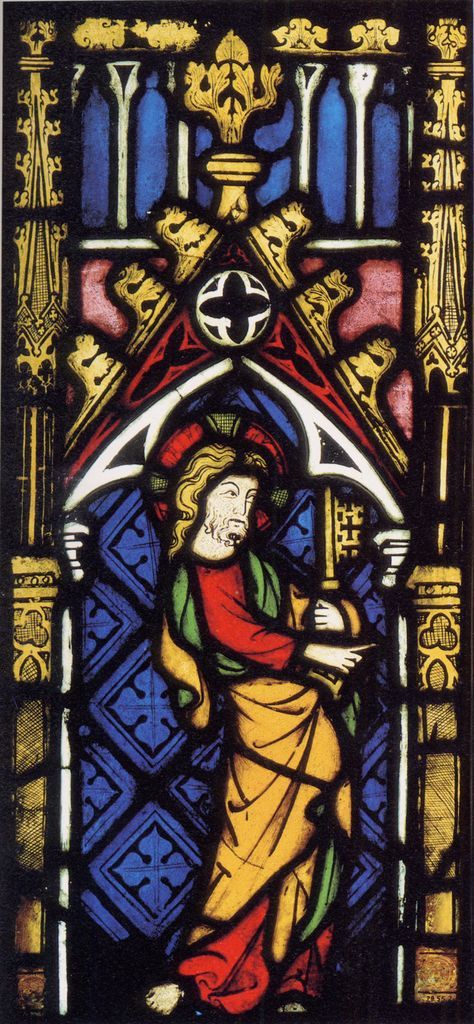 A medieval relief shows Christ presenting keys to Saint Peter before an architectural setting