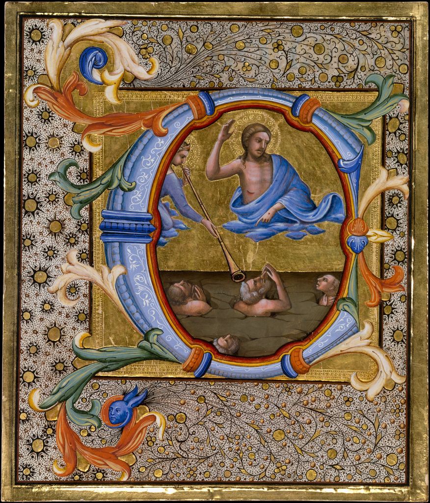 Christ judges above an angel with a trumpet and figures rising from the ground inside a gilded initial C.