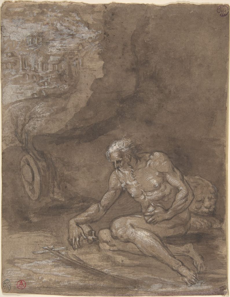 A pen-and-ink drawing shows Saint Jerome kneeling in a rocky landscape before a crucifix with a skull nearby.