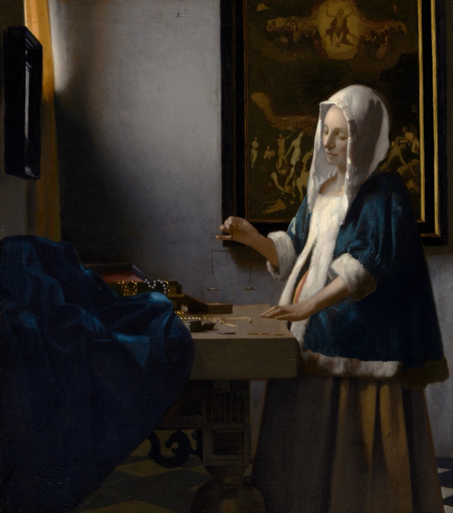 Vermeer's Woman Holding a Balance stands at a table in a dim room, lit from a window at left.