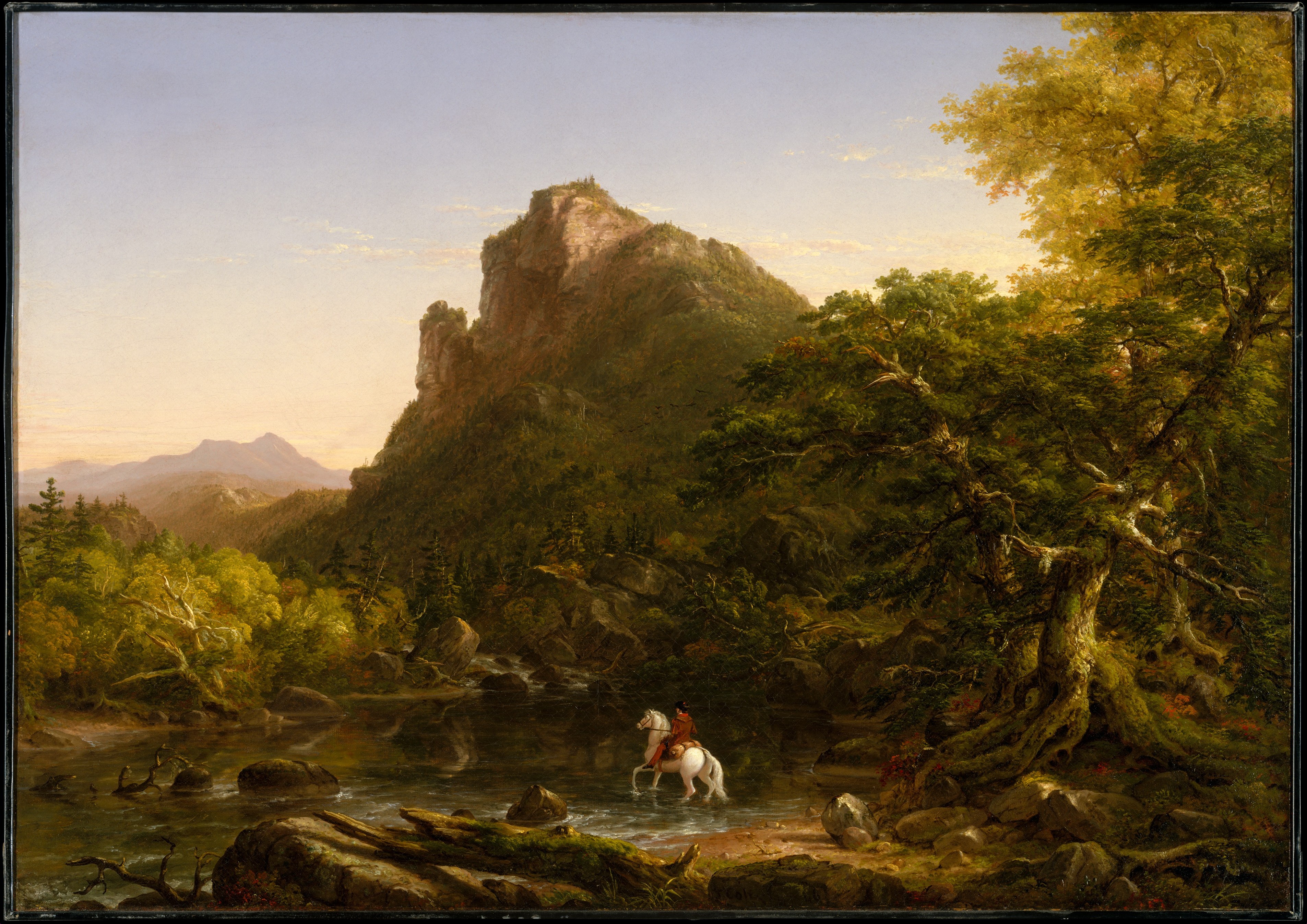 Thomas Cole's landscape leads from a dark wooded river crossing towards softer pale mountains beneath cloud.