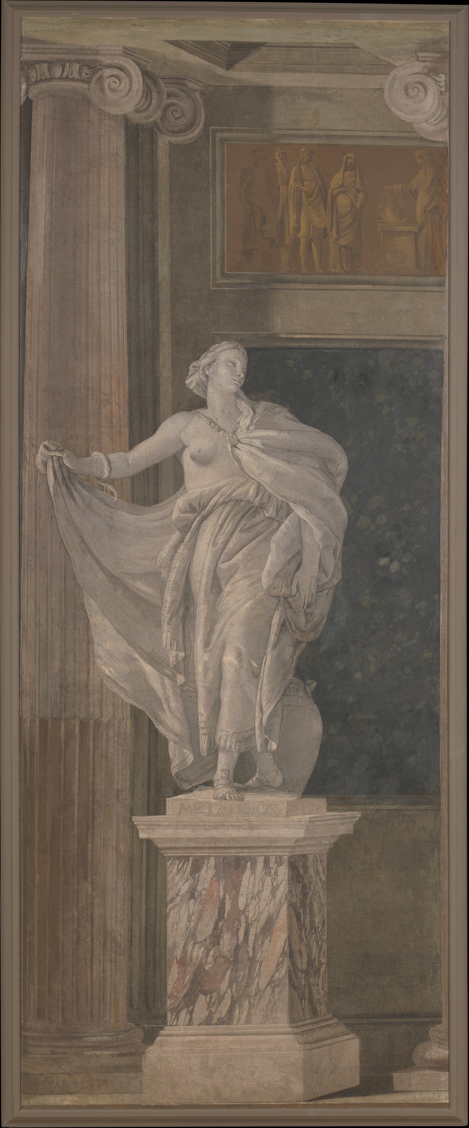 A tall fresco fragment imitates a stone allegorical sculpture and architectural niche seen from below.