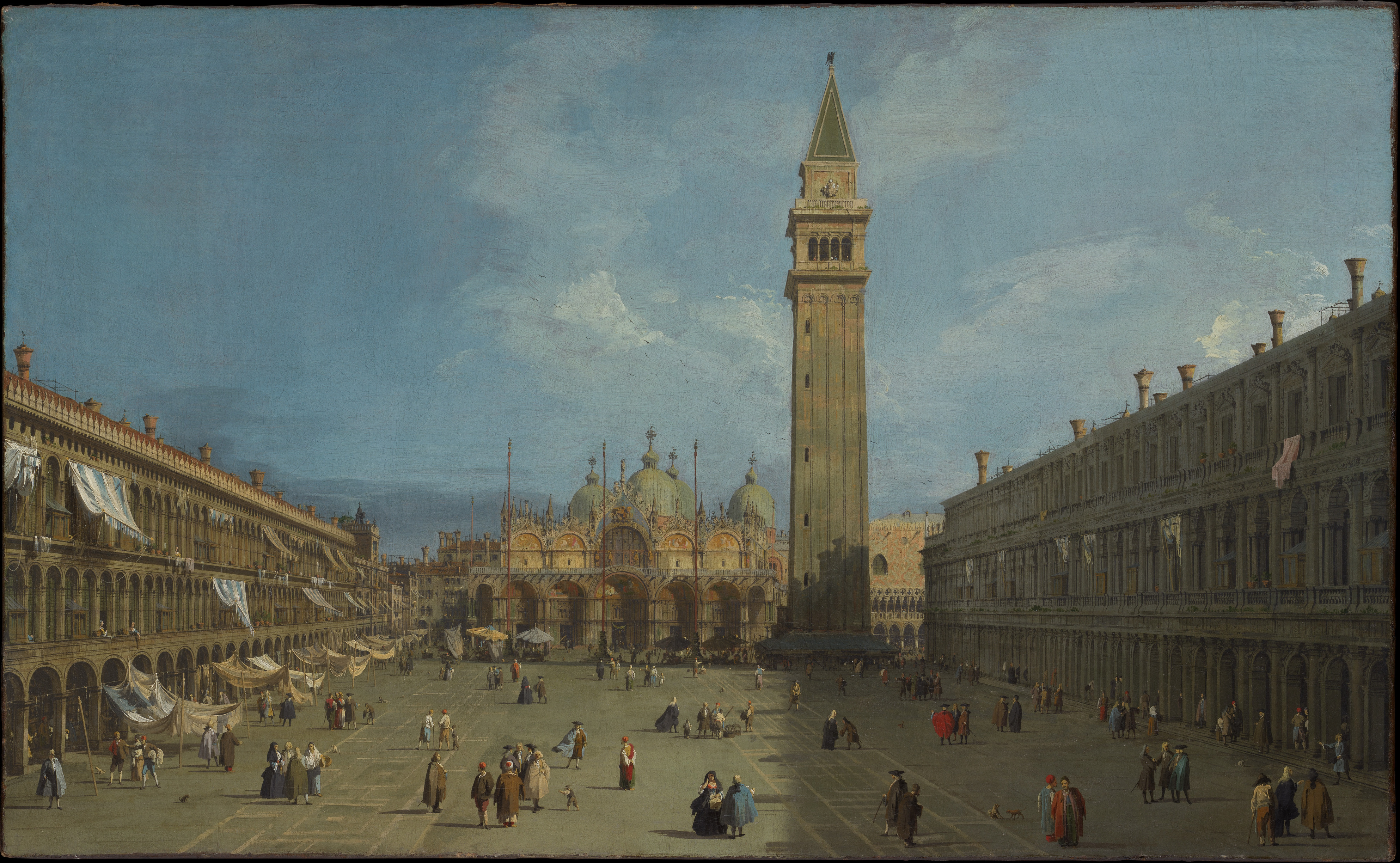 Arcades and paving recede across a crowded Venetian square.
