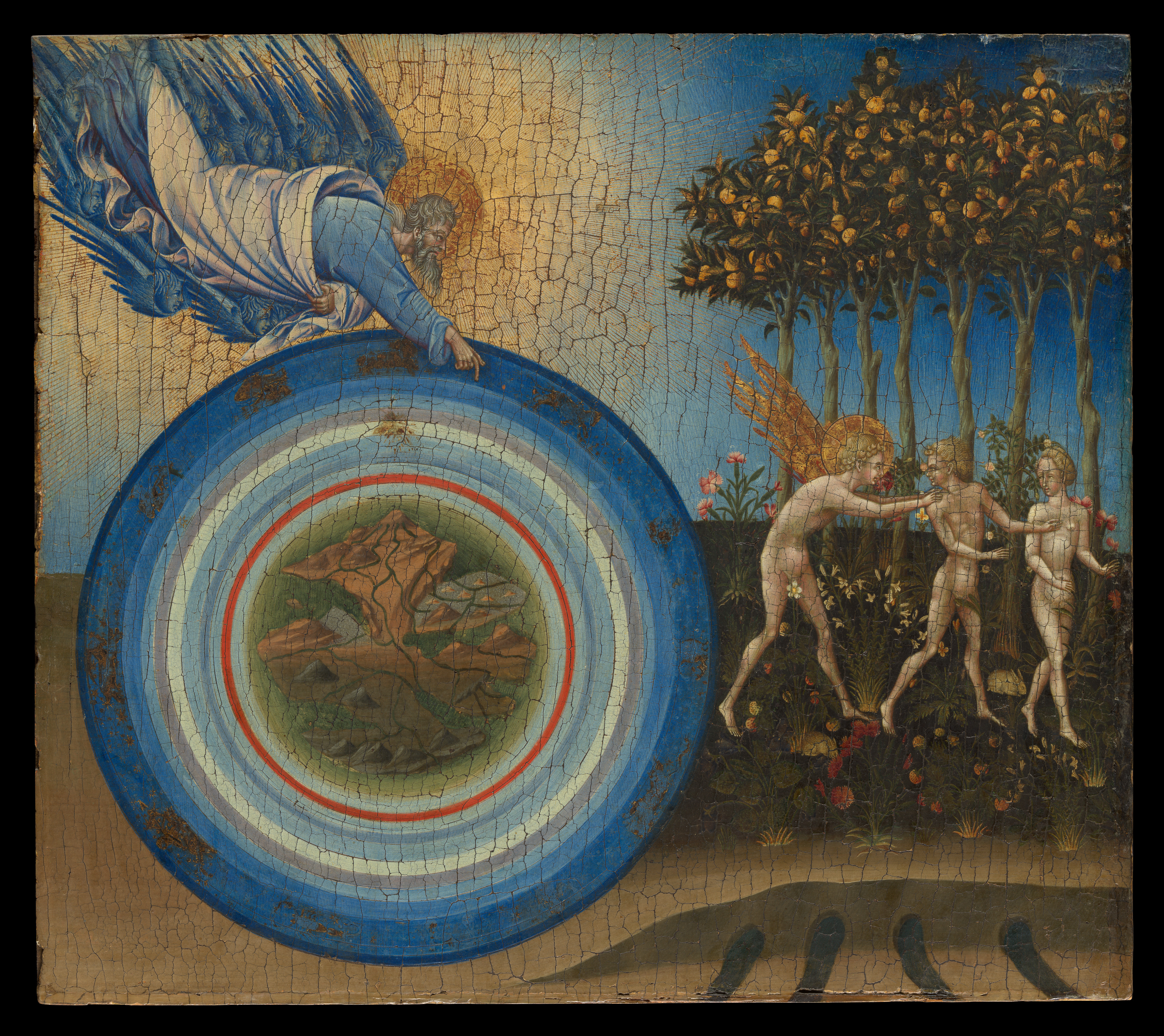 A concentric cosmos and gold-ground garden create symbolic rather than continuous optical space.