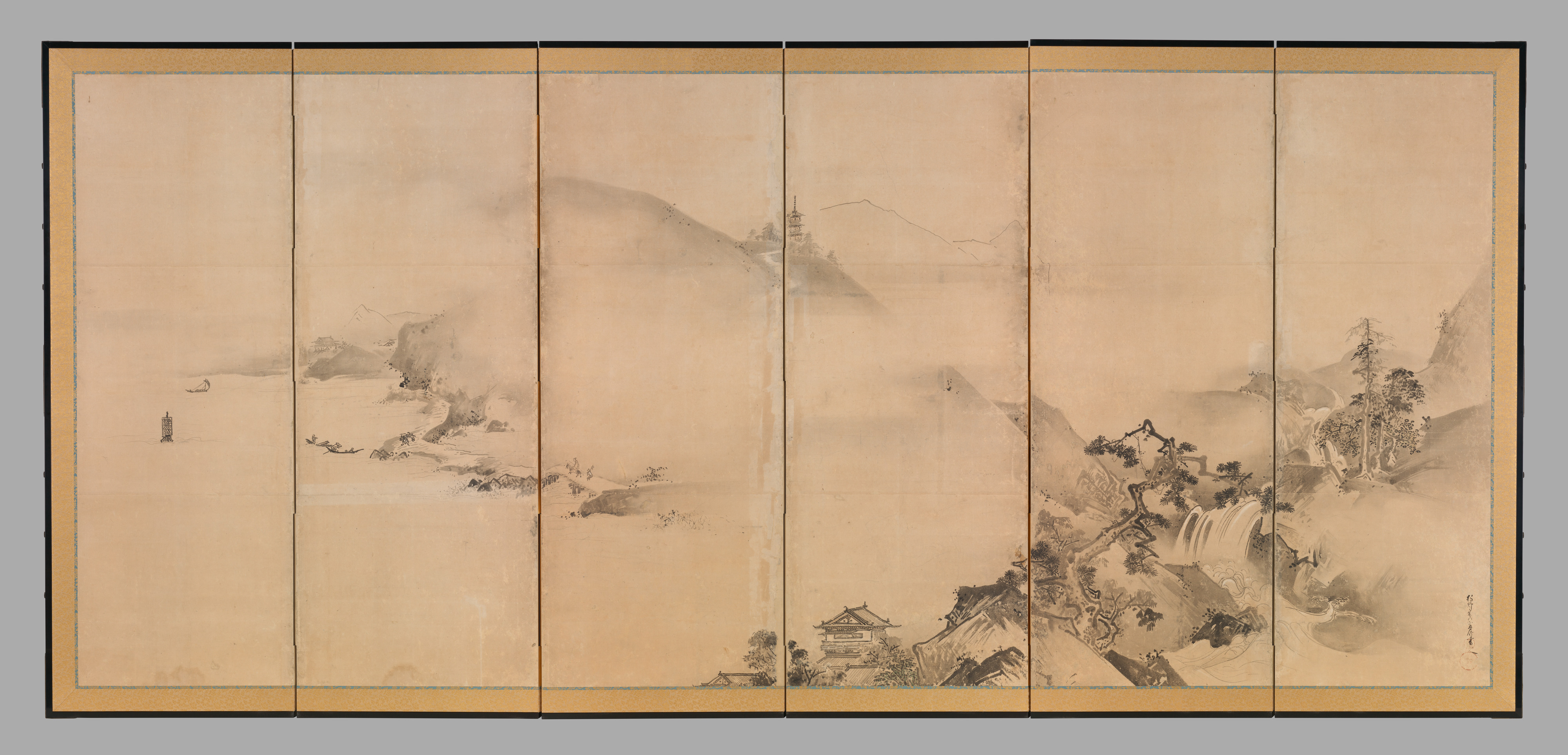 Folding screens organise landscapes through ink clusters pale intervals and shifting viewpoints.