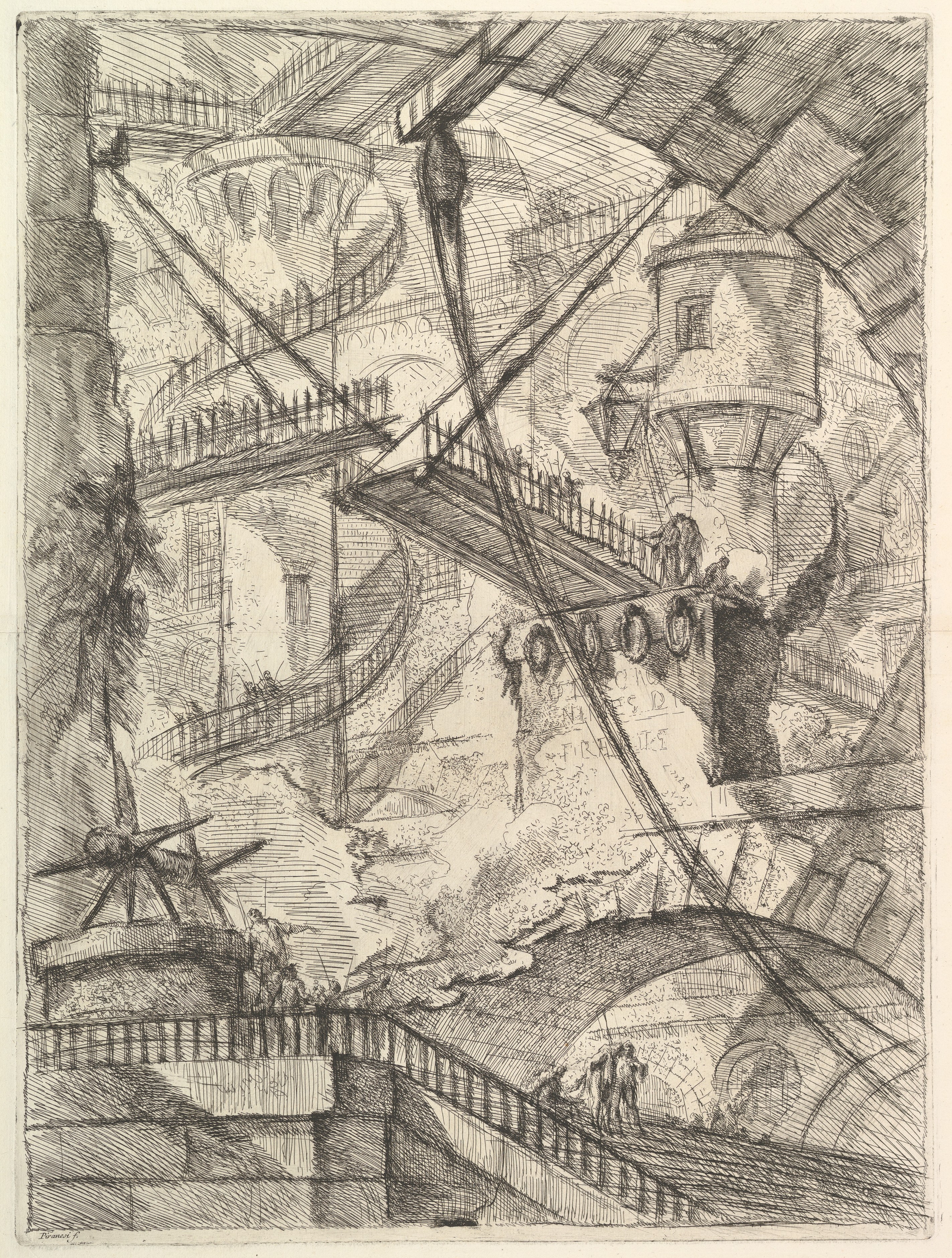 Stairs bridges and arches occupy a vast prison interior with competing spatial directions.