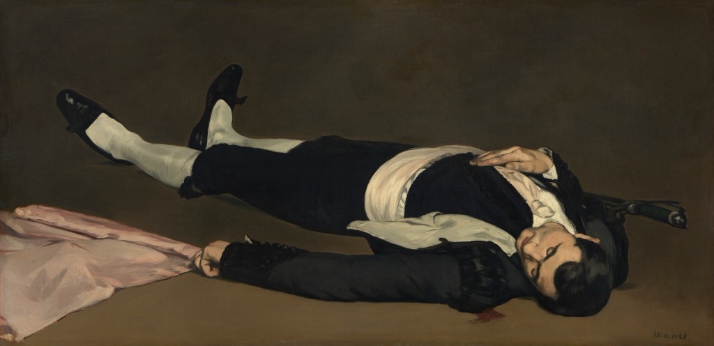 Manet's Dead Toreador shows a black-and-white-clad figure lying across a brown ground beside a pale pink flag.