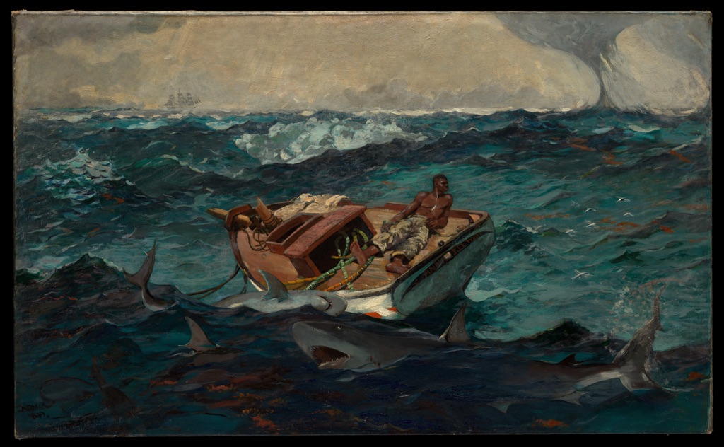 Homer's Gulf Stream isolates a man on a damaged boat amid rough sea, circling sharks and a distant waterspout.