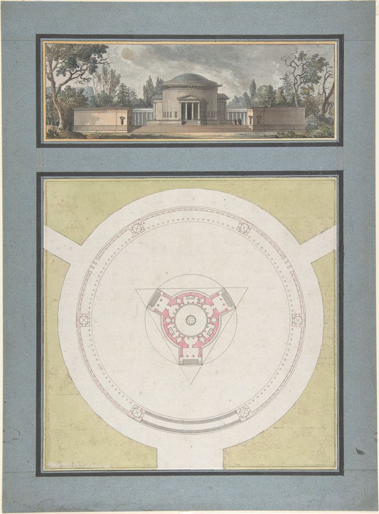 A paired architectural sheet shows a temple elevation above and a circular plan below, both fully visible on one page.