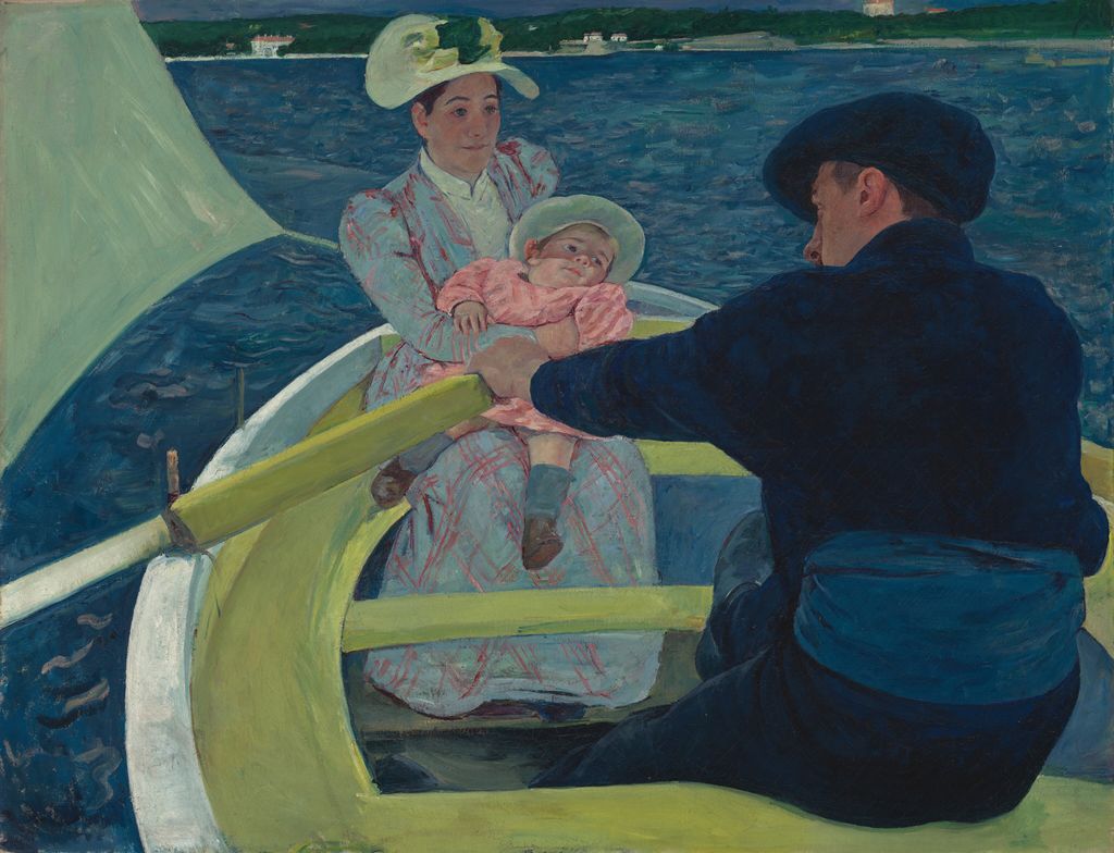 Cassatt's Boating Party places a woman and child opposite a dark-clothed boatman inside a yellow boat on blue water.