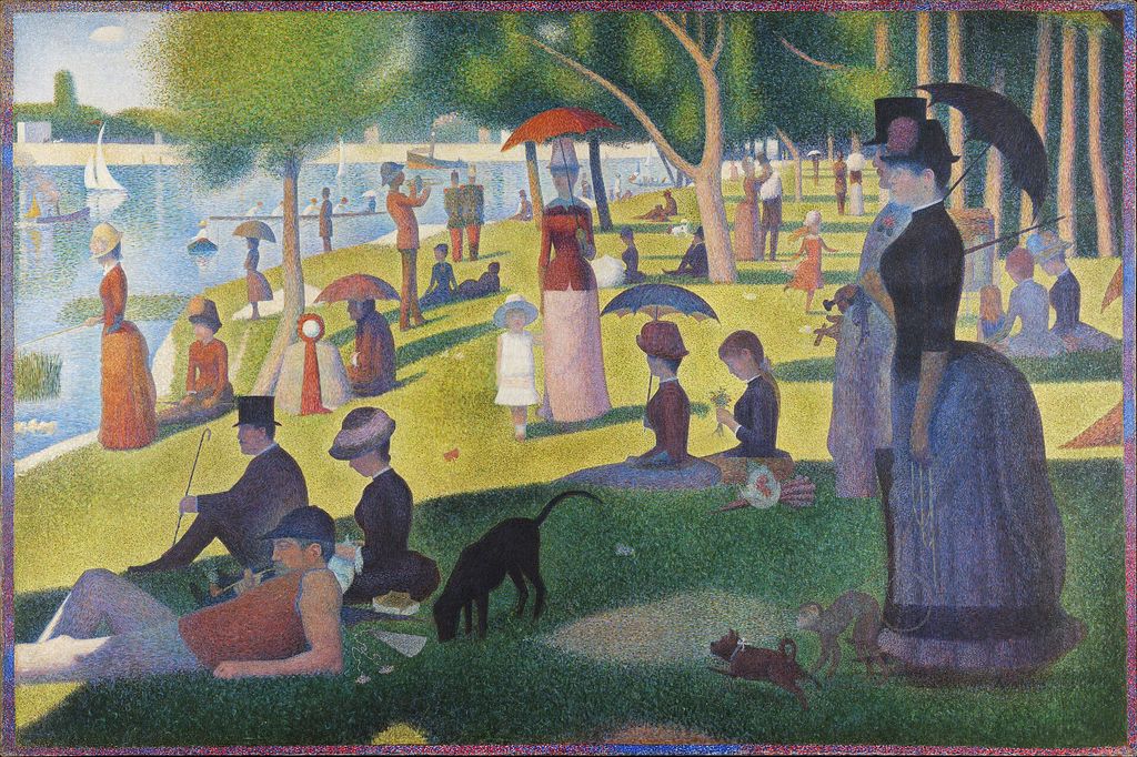 Seurat's La Grande Jatte spreads many standing and seated figures across a sunlit park beside the river.