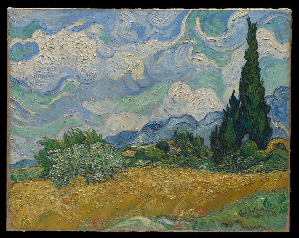 Van Gogh's Wheat Field with Cypresses joins a yellow-green field, dark trees, blue hills and curling clouds beneath a pale sky.