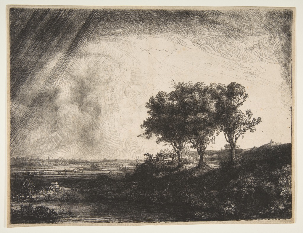 Rembrandt landscape print with three dark trees against a stormy sky and illuminated distance