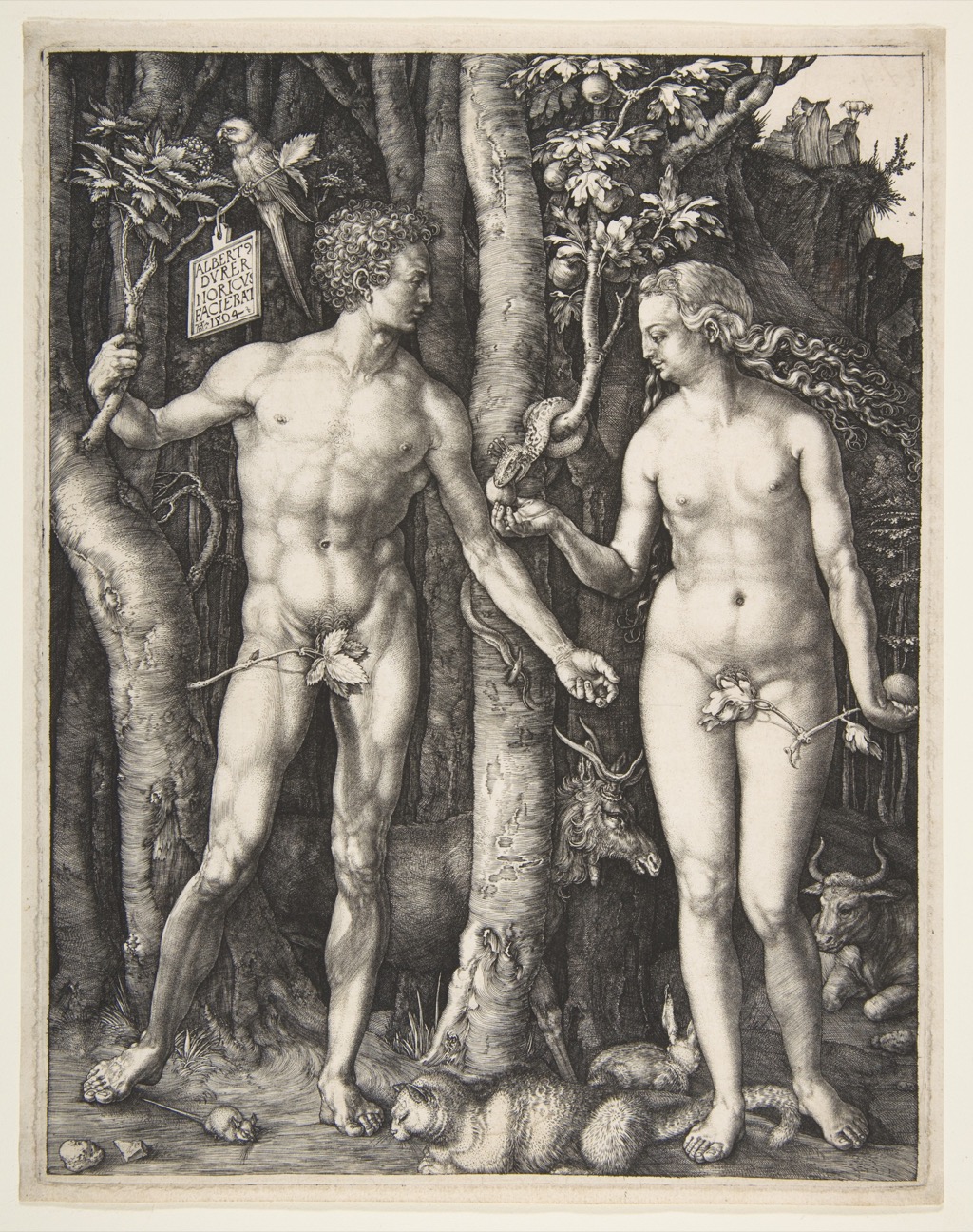 Dürer engraving of Adam and Eve standing among meticulously hatched trees and animals