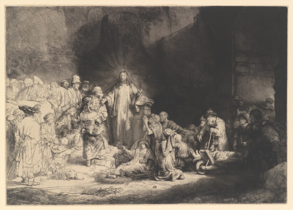 Rembrandt intaglio print with Christ illuminated among a crowd moving from light into deep shadow