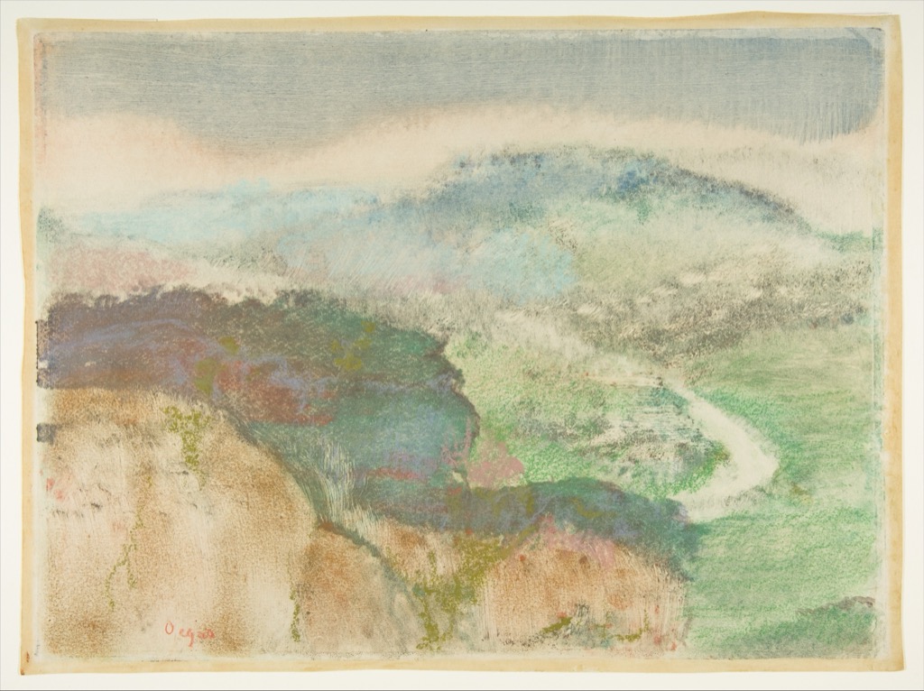 Degas colour monotype landscape with hazy blue-green hills and pastel over the printed surface