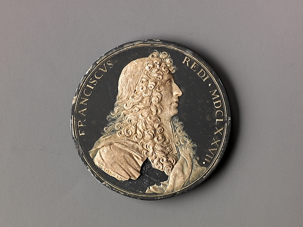 Small reddish wax profile portrait of Francesco Redi modelled on a dark slate ground.
