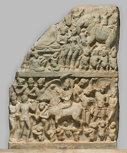 Curved limestone drum panel with crowded narrative scenes from the life of the Buddha.