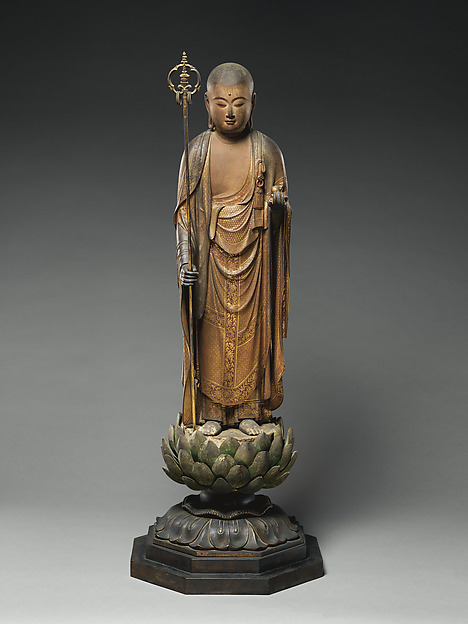 Japanese Jizō in monk's robes carved from hinoki and enriched with colour, gold and crystal eyes.