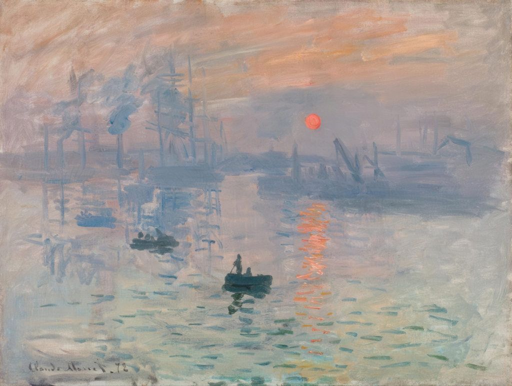 Monet's hazy Le Havre harbour with thin blue-grey paint and a small orange sun.