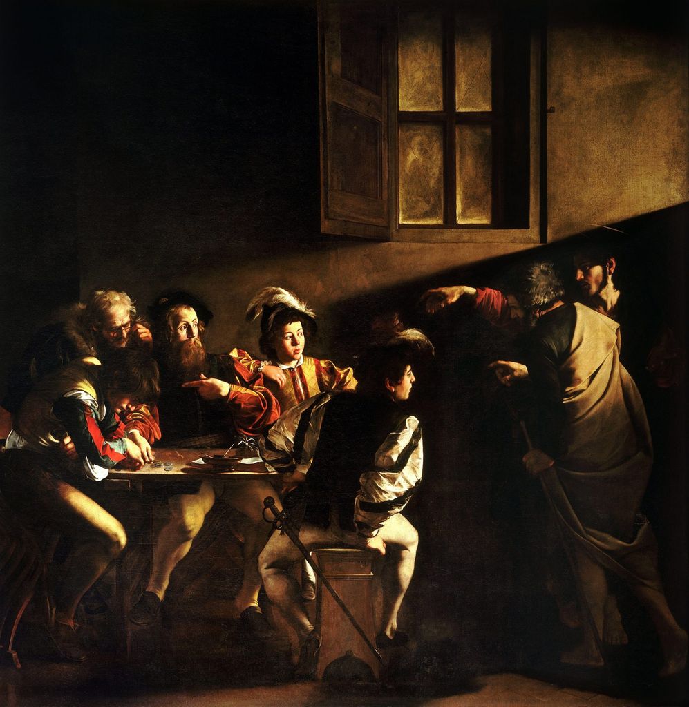 Caravaggio's Calling of Saint Matthew with a beam of light crossing a dark room.