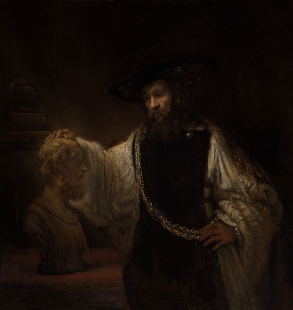 Rembrandt's Aristotle touching Homer's bust with a heavy gold chain crossing his dark clothing.