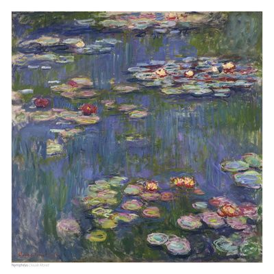 Monet water lilies formed from layered strokes of varied thickness across water and reflected sky.