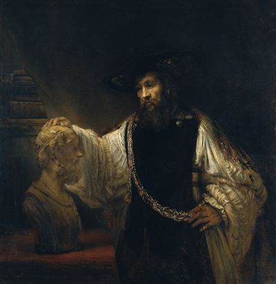 Rembrandt's Aristotle with raised highlights on the gold chain, sleeve and face against deep dark paint.