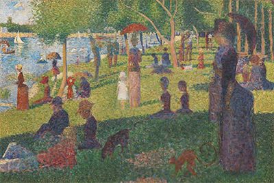 Seurat oil study of figures beside a river built from varied small touches.
