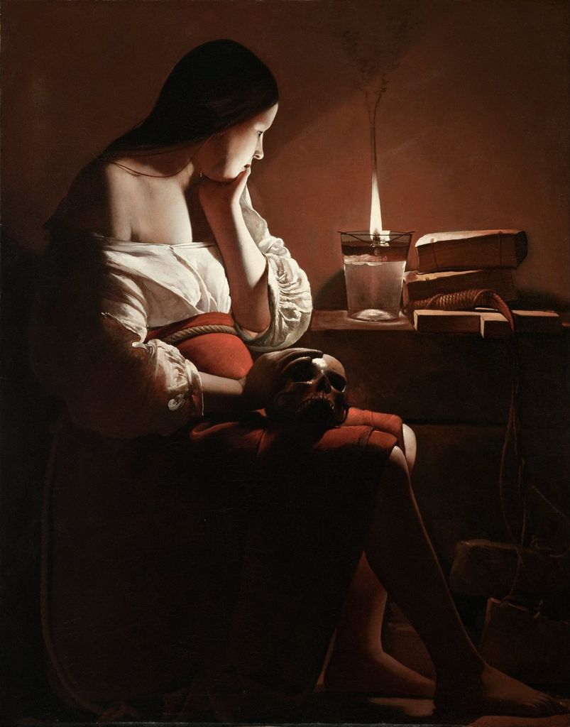 Georges de La Tour's seated Magdalen and skull illuminated by a single flame in darkness.