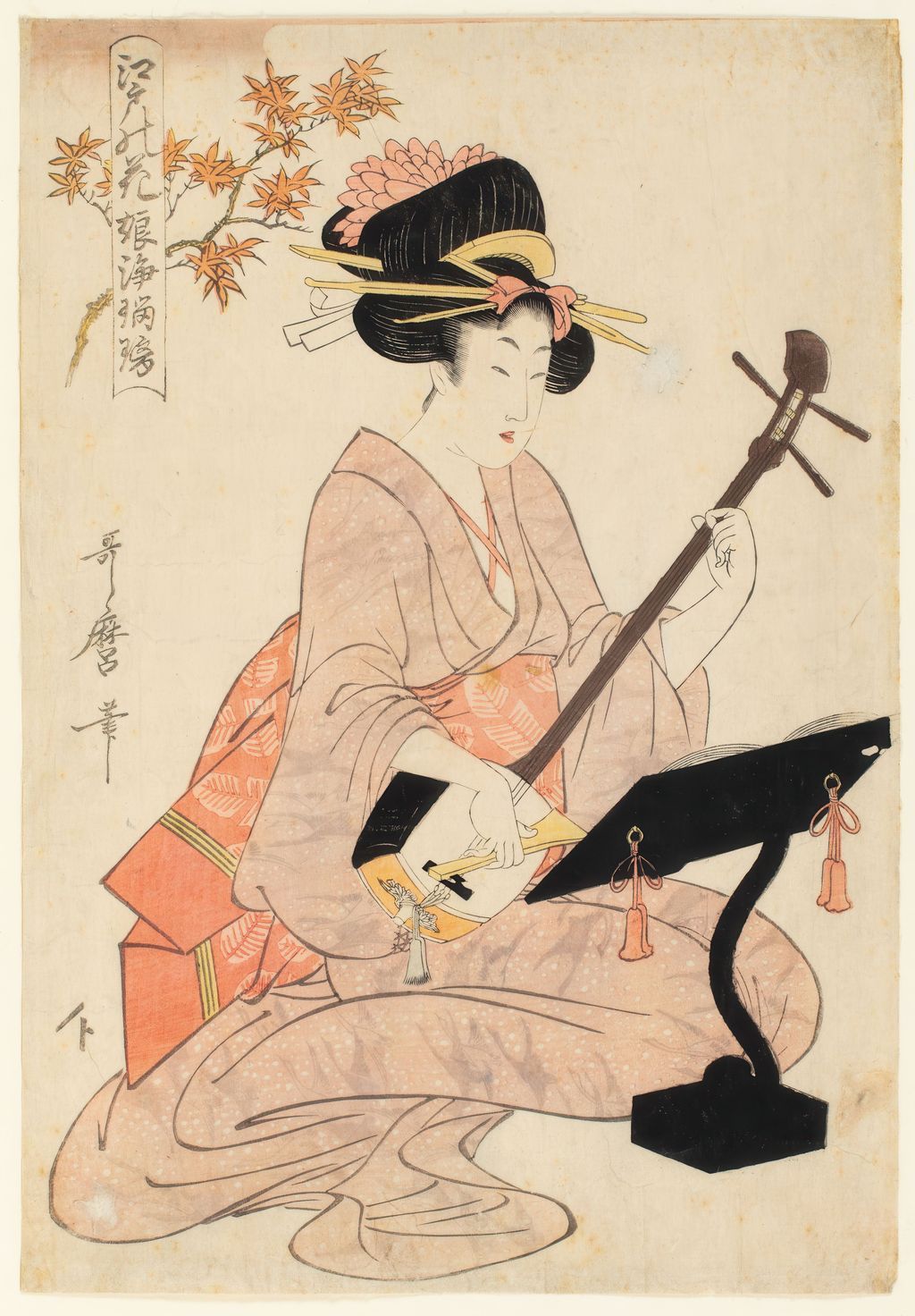 Utamaro design of a young woman performing narrative chant with a shamisen; owner-supplied public-domain image